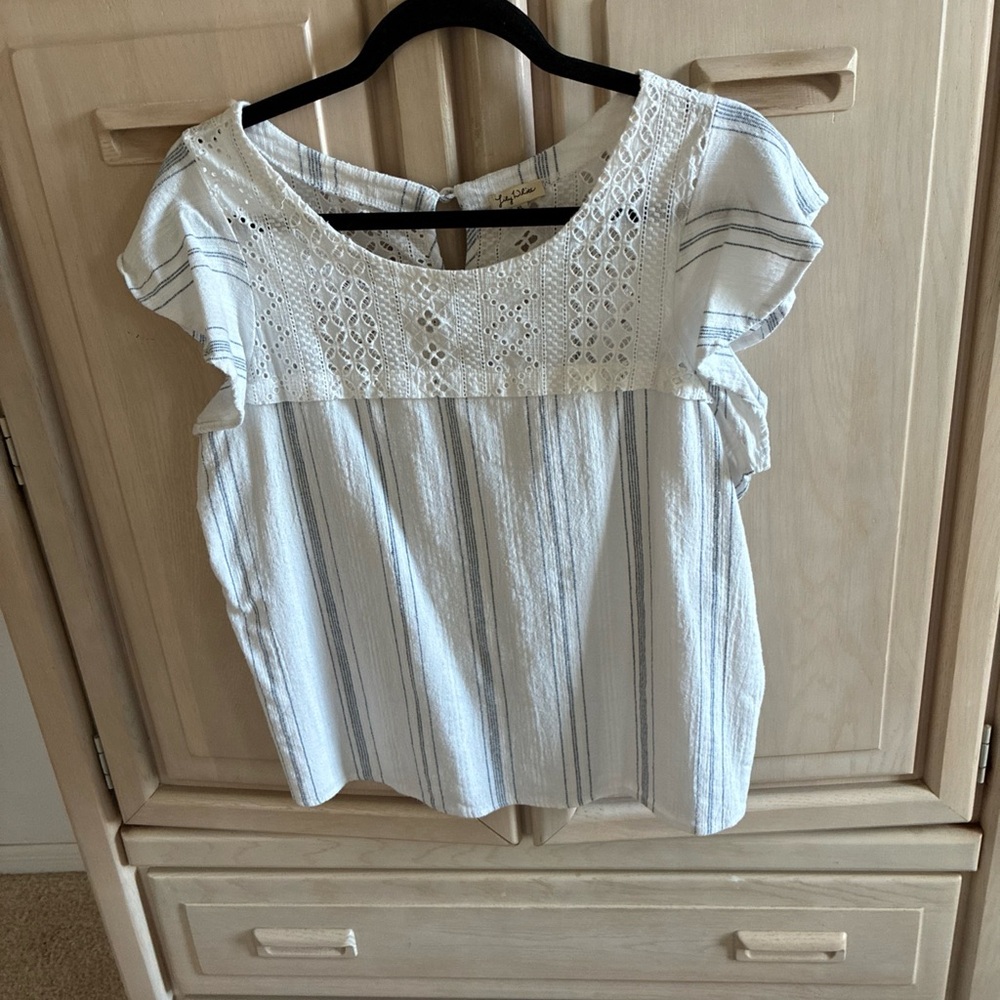 Lily White Cream and Light Blue Eyelet‎ Yoke Striped Blouse